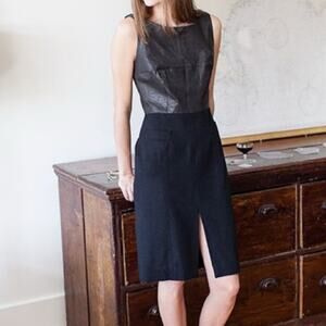 Emerson Fry Black Leather Bodice Wool Skirt Sheath Dress 6
